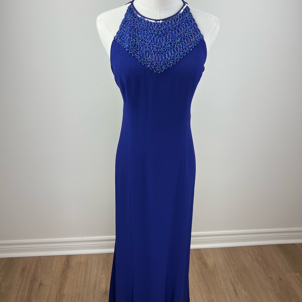 Vintage Made In USA 1998 Beaded Halter Gown Royal Blue By Ursula of Switzerland